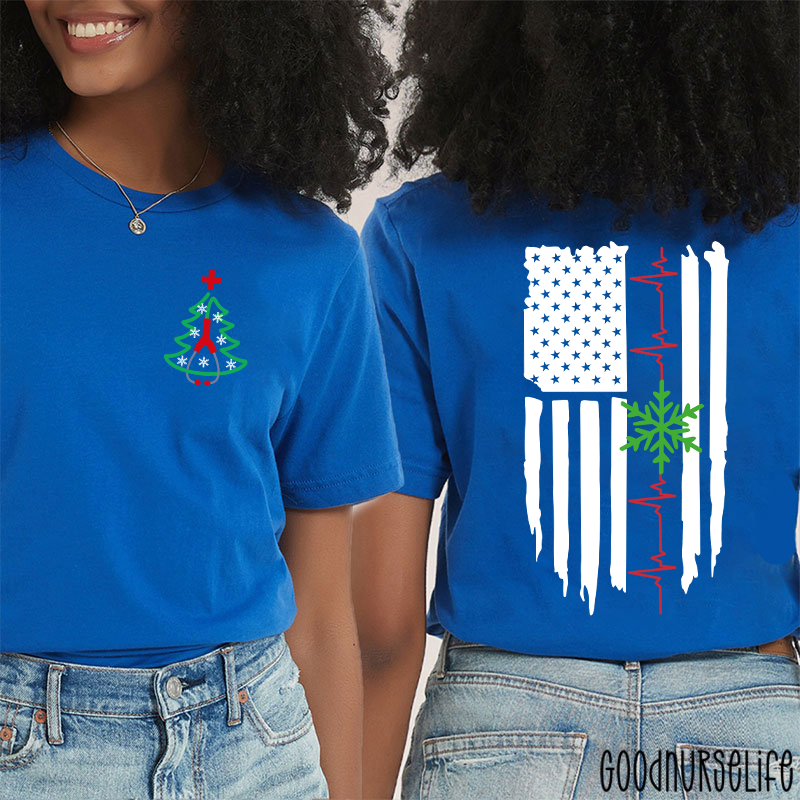 Christmas Medical American Flag Snowflake Two Sided T-Shirt