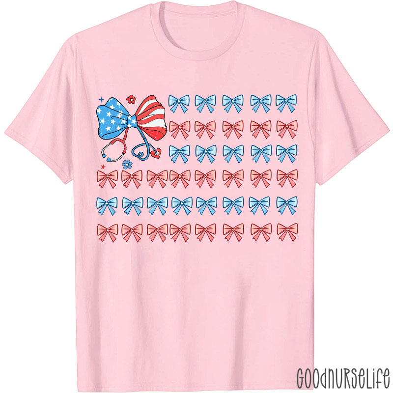 American Flag Patriotic 4th Of July Coquette Bow Nurse T-Shirt