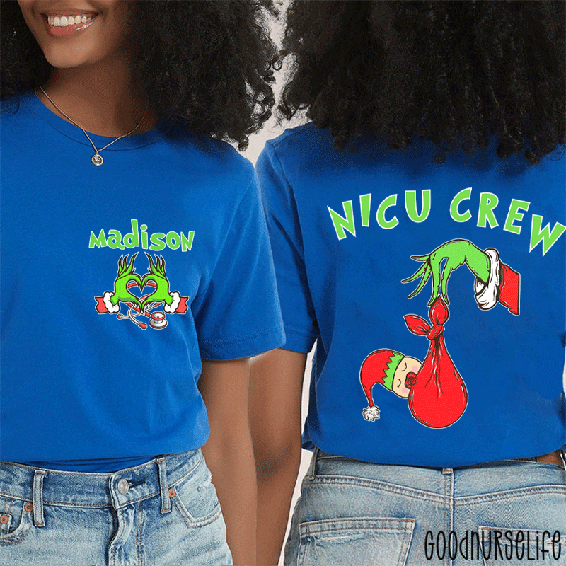 Personalized Name Holiday NICU Crew Nurse Two Sided T-Shirt