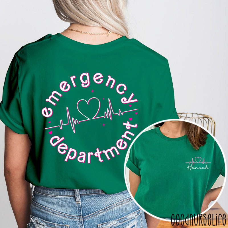 Personalized Name Heart Emergency Department Nurse Two Sided T-Shirt