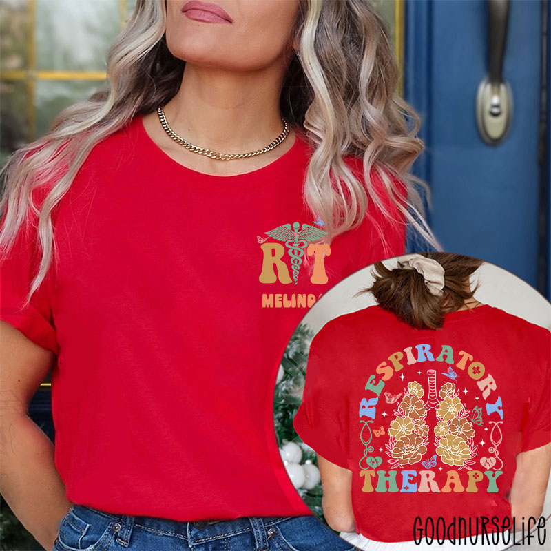 Personalized Name Flower Respiratory Therapy Two Sided T-Shirt