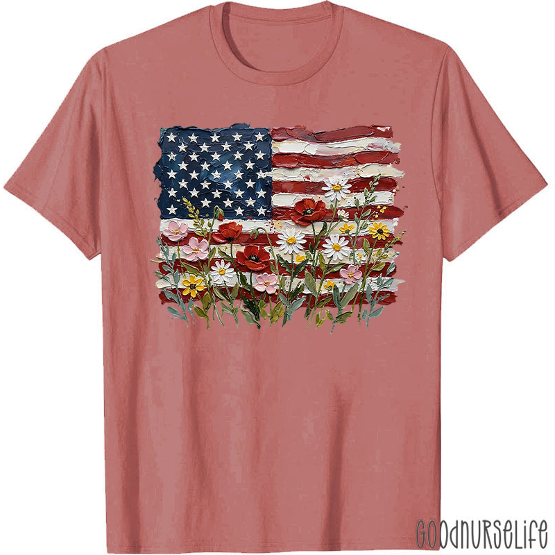 American Flag Floral Nurse T-Shirt