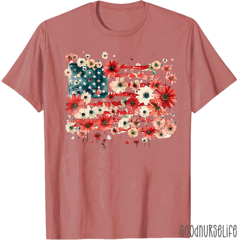 American Flag Floral Nurse T-Shirt