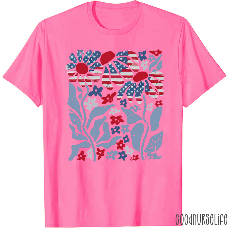 Boho Patriotic Daisy American Flag Floral Nurse T-Shirt