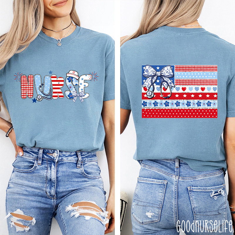 American Flag Floral Nurse Two Sided T-Shirt