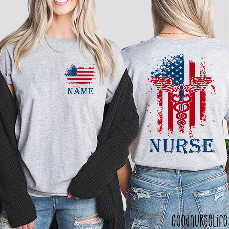 Personalized Name American Flag 4th Of July Nurse Two Sided T-Shirt