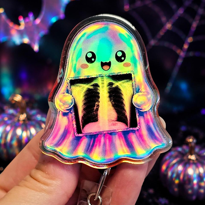Cute Ghost Holding X‑Ray Scan Halloween Acrylic Badge Reel