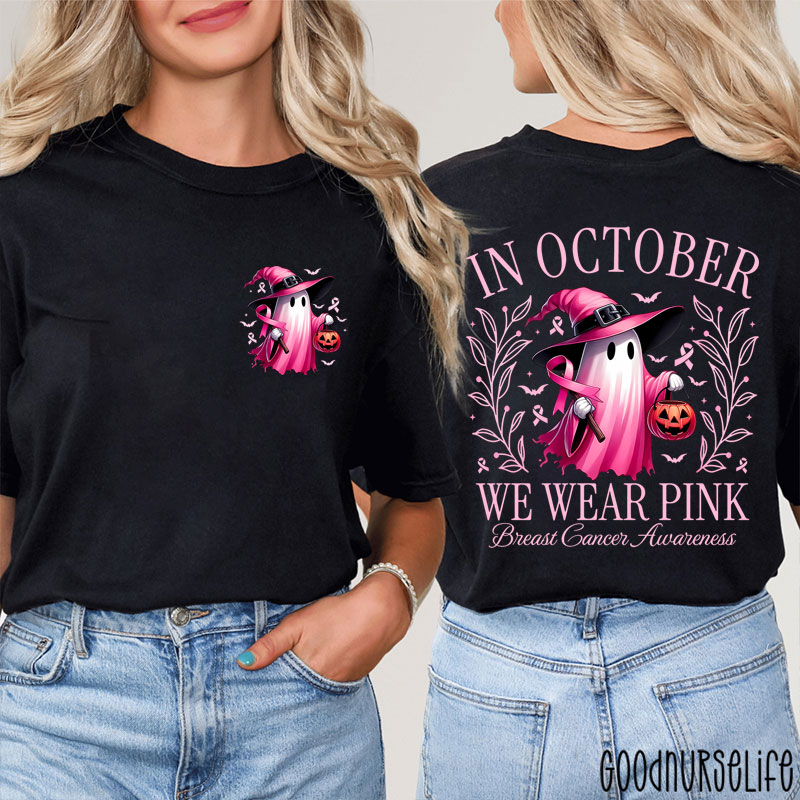 Halloween Beautifully Ghost Picture Breast Cancer Awareness Two Sided T-Shirt