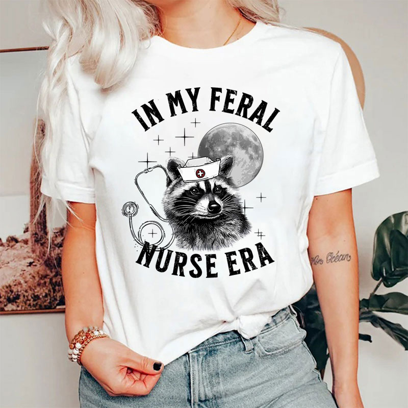 Feral Nurse Retro Raccoon Moon Nurse T-Shirt
