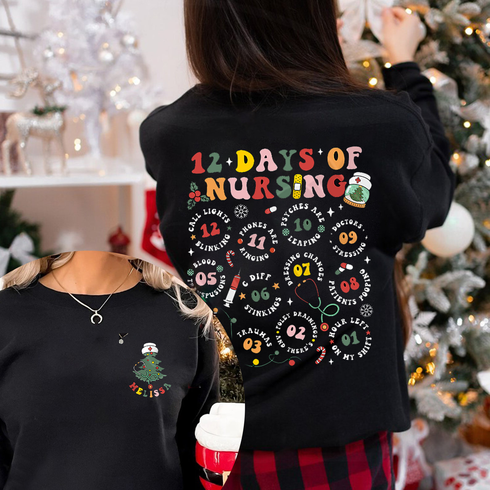 Personalized 12 Days Of Nursing Hospital Christmas Nurse Two Sided Sweatshirt