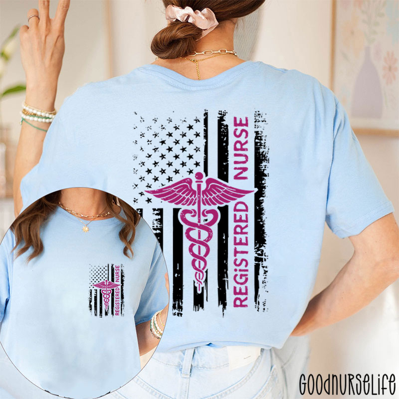 USA Flag Patriotic Registered Nurse American Flag Two Sided T-Shirt