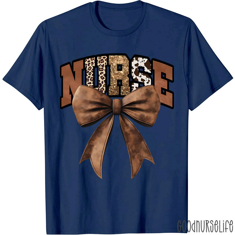 Western Gold Glitter Brown Leather Bow Nurse T-Shirt