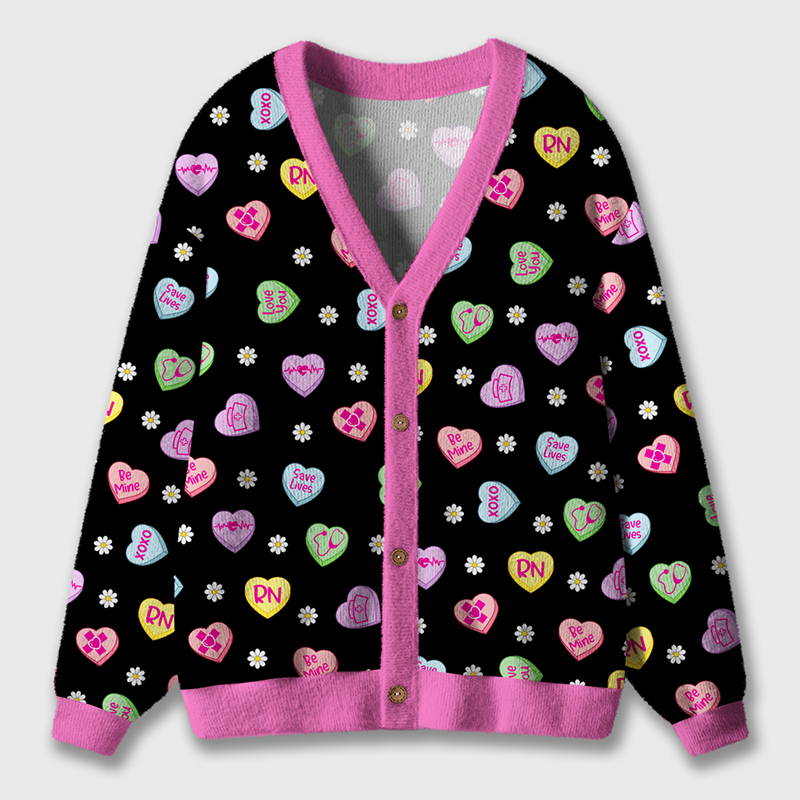 Candy Heart Valentine Nurse Ugly Cardigan Sweaters