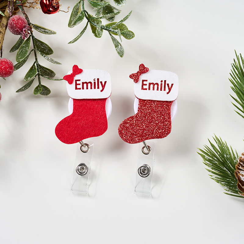 Personalized Name Bow Christmas Stockings Nurse Badge Reel