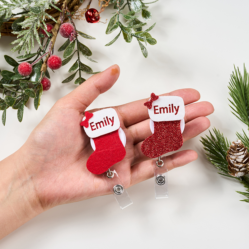 Personalized Name Bow Christmas Stockings Nurse Badge Reel