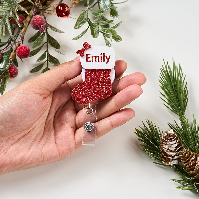 Personalized Name Bow Christmas Stockings Nurse Badge Reel