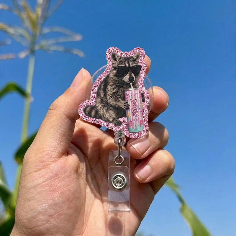 Funny Raccoon Energy Drink Badge Reel