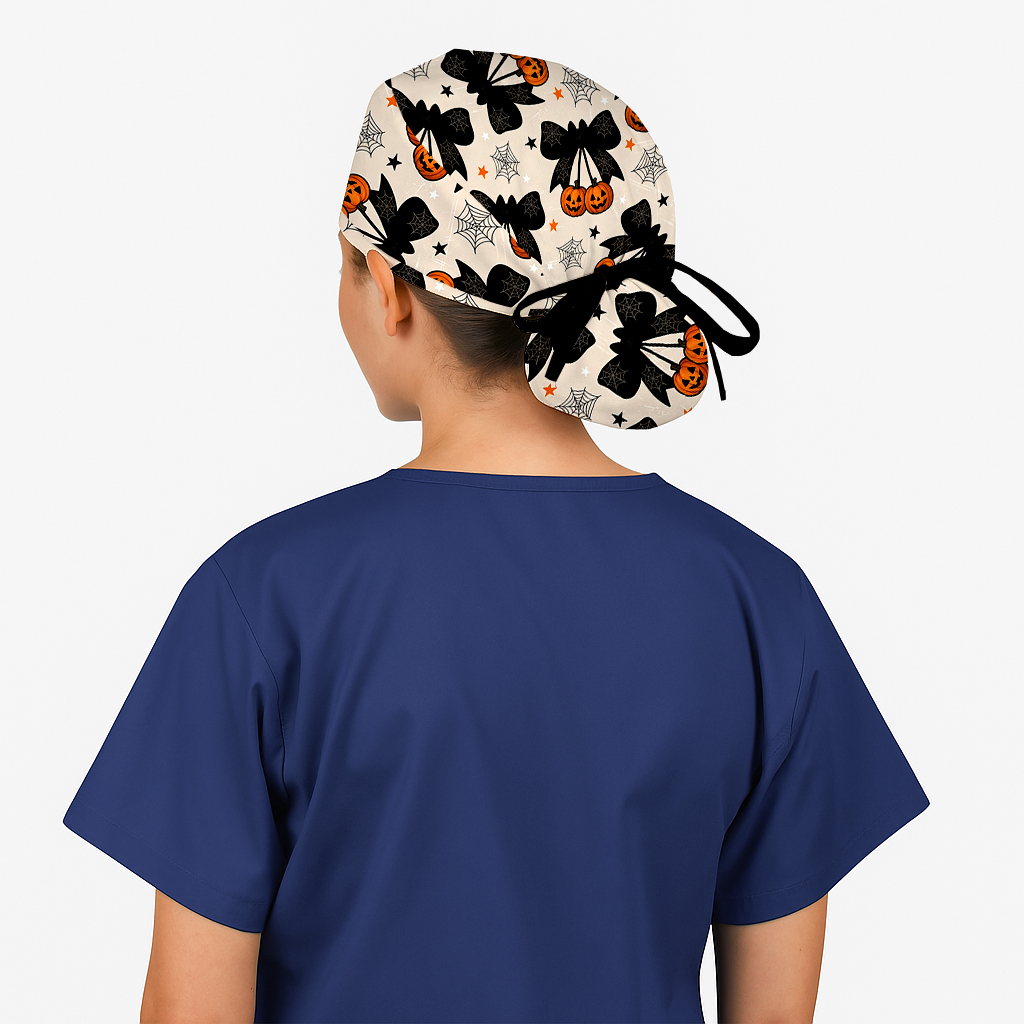 Halloween Pumpkin Bow Spiderweb Ponytail Nurse Scrub Cap