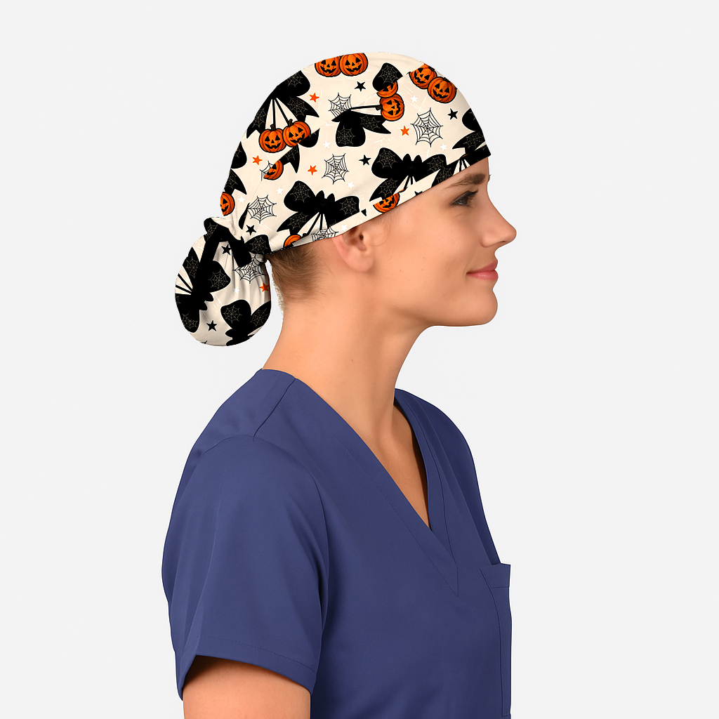 Halloween Pumpkin Bow Spiderweb Ponytail Nurse Scrub Cap