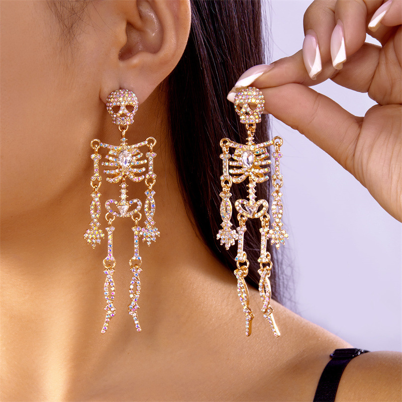 Full Diamond Glittering Skull Nurse Metal Earrings