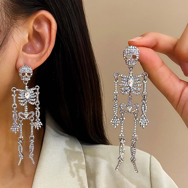 Full Diamond Glittering Skull Nurse Metal Earrings