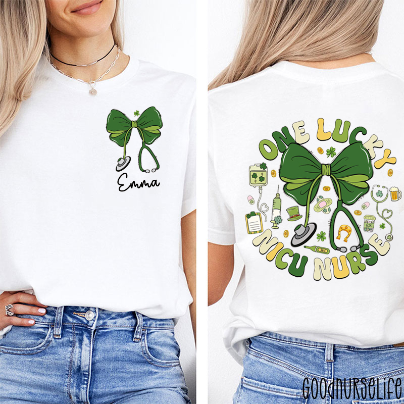 Personalized Name One Lucky NICU Nurse Two Sided T-Shirt