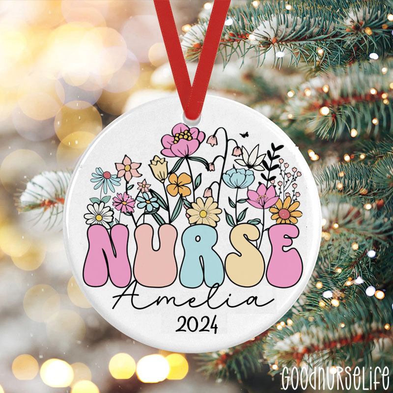 Personalized Name Flower Nurse Ceramic Christmas Ornament