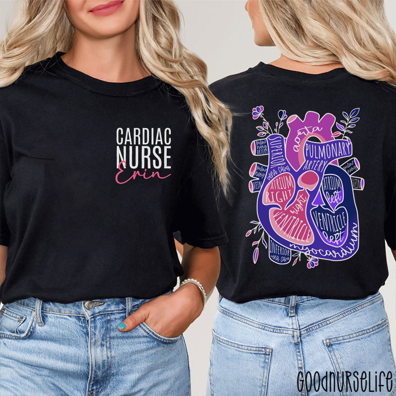 Personalized Name Heart Anatomy Cardiac Nurse Two Sided T-Shirt