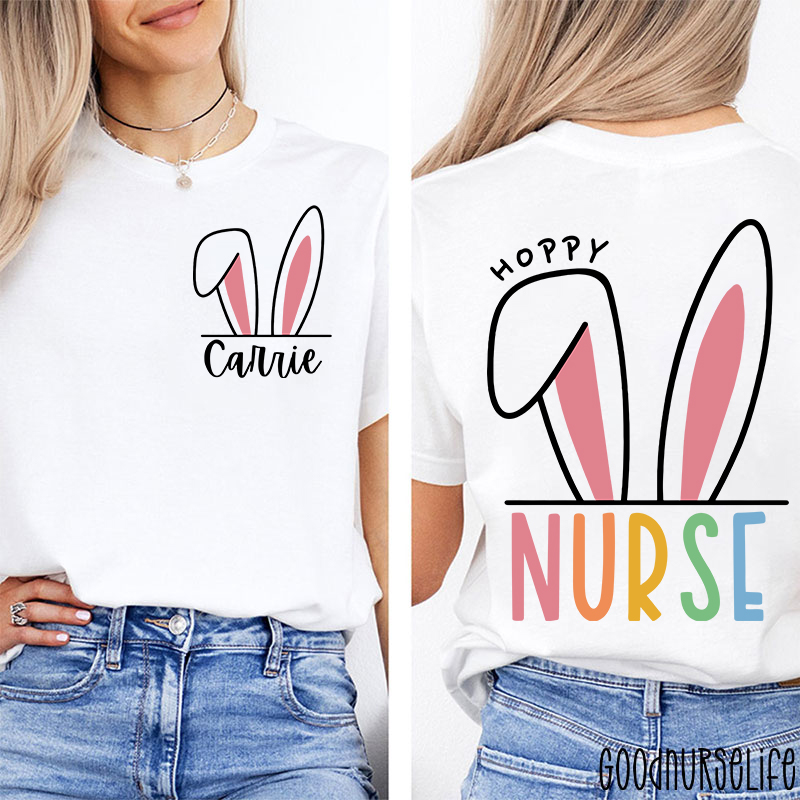 Personalized Name Hoppy Easter Nurse Two Sided T-Shirt
