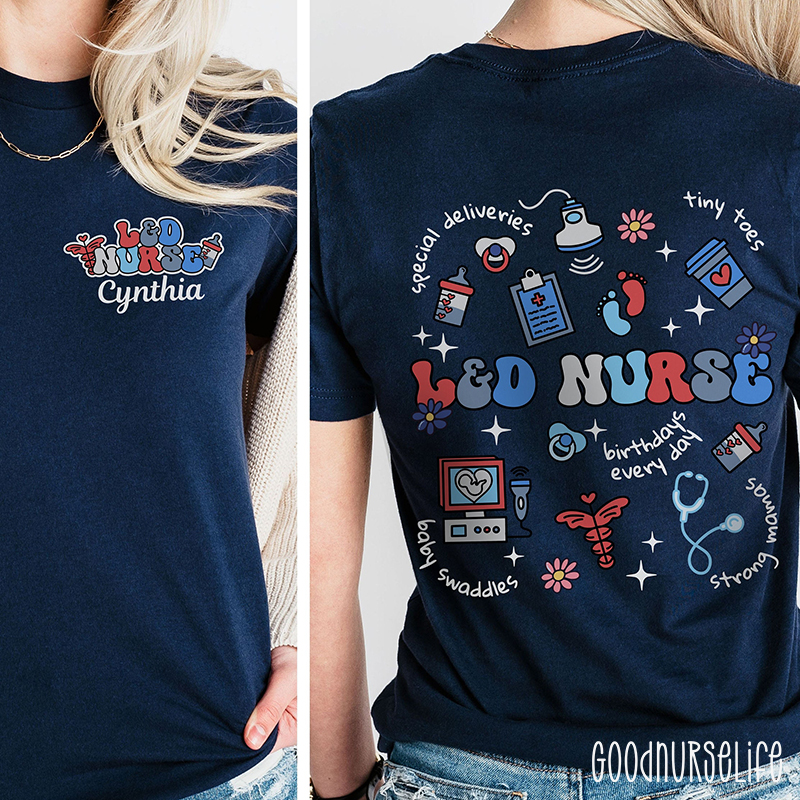 Personalized Name Labor And Delivery Apparel For July 4th Nurse Two Sided T-Shirt