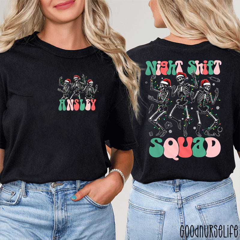 Personalized Name Night Shift Squad Nurse Two Sided T-Shirt