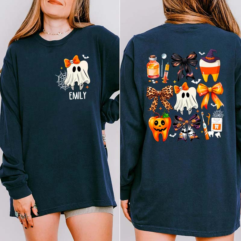Personalized Bow Ghost And Pumpkin Teeth Dental Long Sleeve Two Side T-Shirt