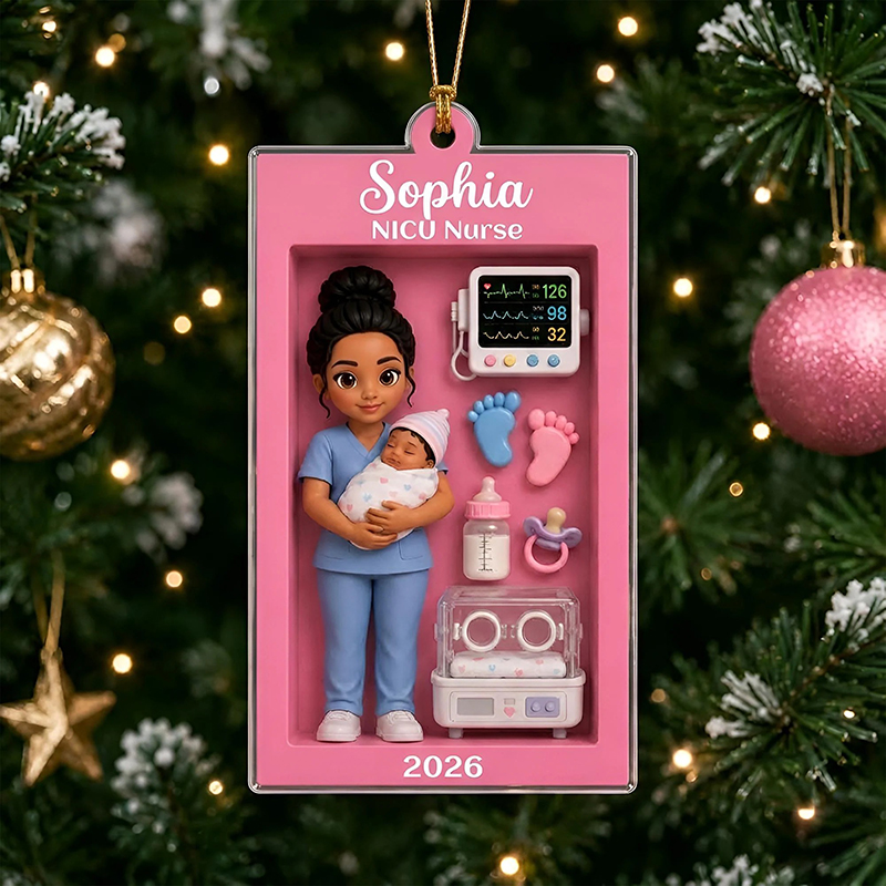 Personalized Name Faux 3D NICU Nurse Doll Box Christmas Ornament