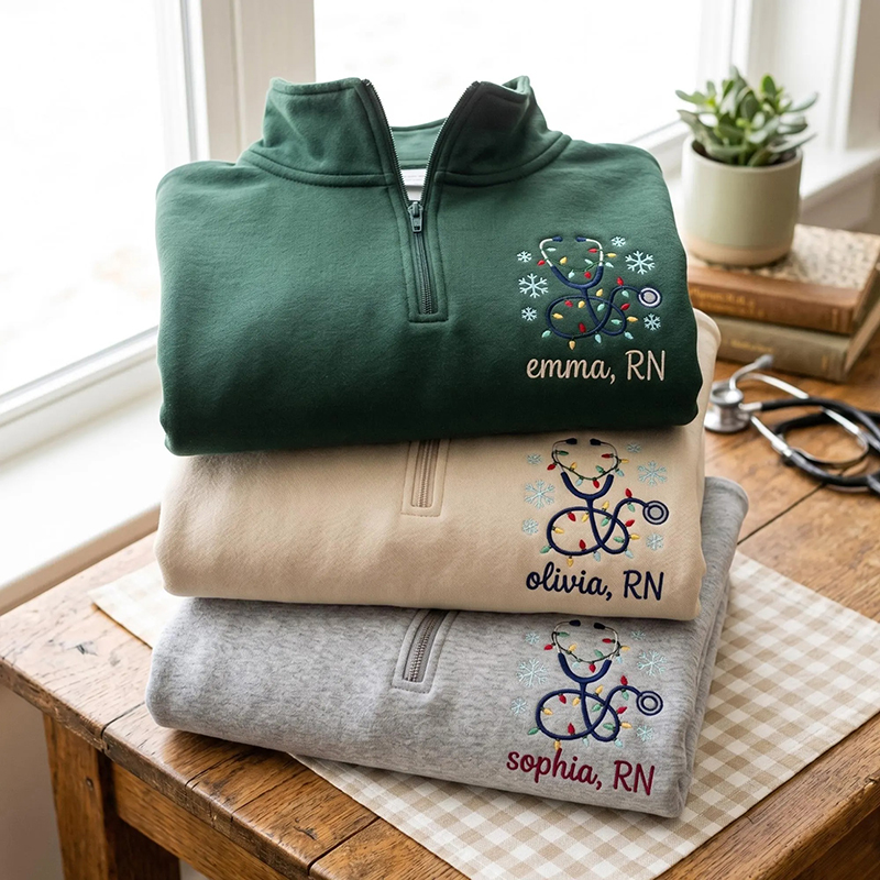 Personalized Stethoscope Christmas Lights Embroidered Sweatshirt
