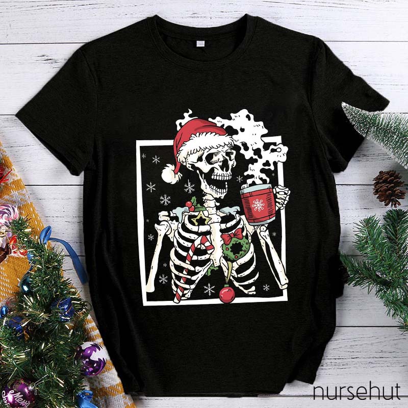 Skeleton With Smiling Skull Drinking Coffee Latte Nurse T-Shirt