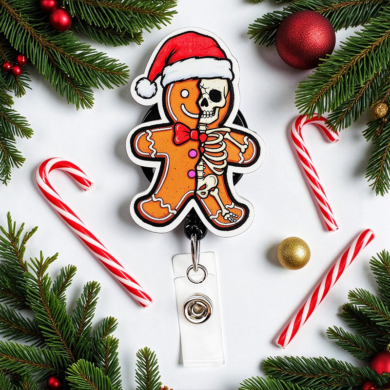 Skeleton Gingerbread Man Christmas Badge Reel