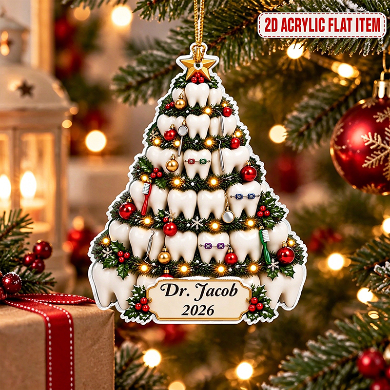 Personalized Faux 3D Tooth Christmas Tree Acrylic Ornament