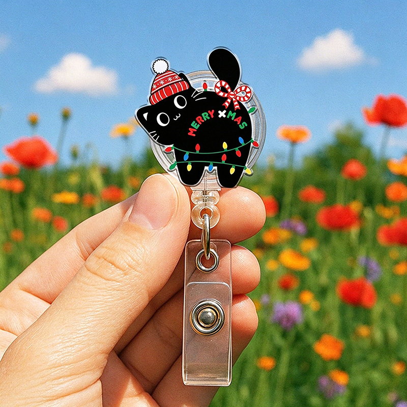 Holiday Black Cat With Lights Badge Reel