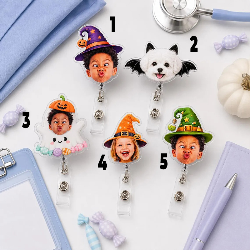 Personalized Photo Halloween Pumpkin Bat Witch Hat Nurse Badge Reel
