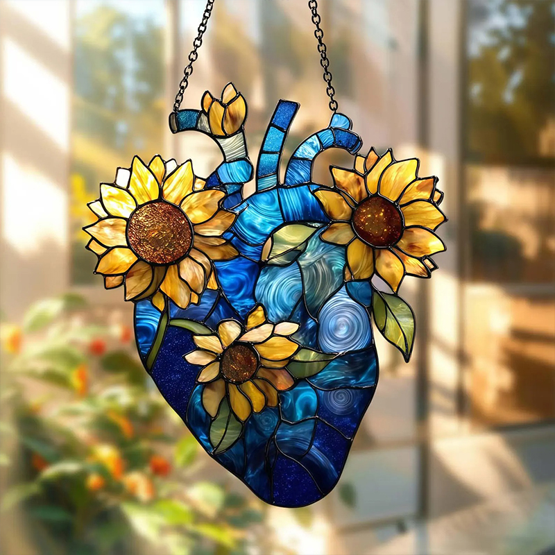 Starry Sky Sunflower Anatomical Heart Suncatcher
