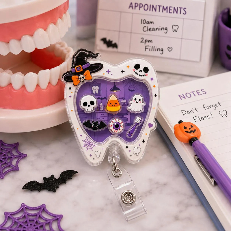 Spooky Dental Halloween Tooth Shaker Badge Reel
