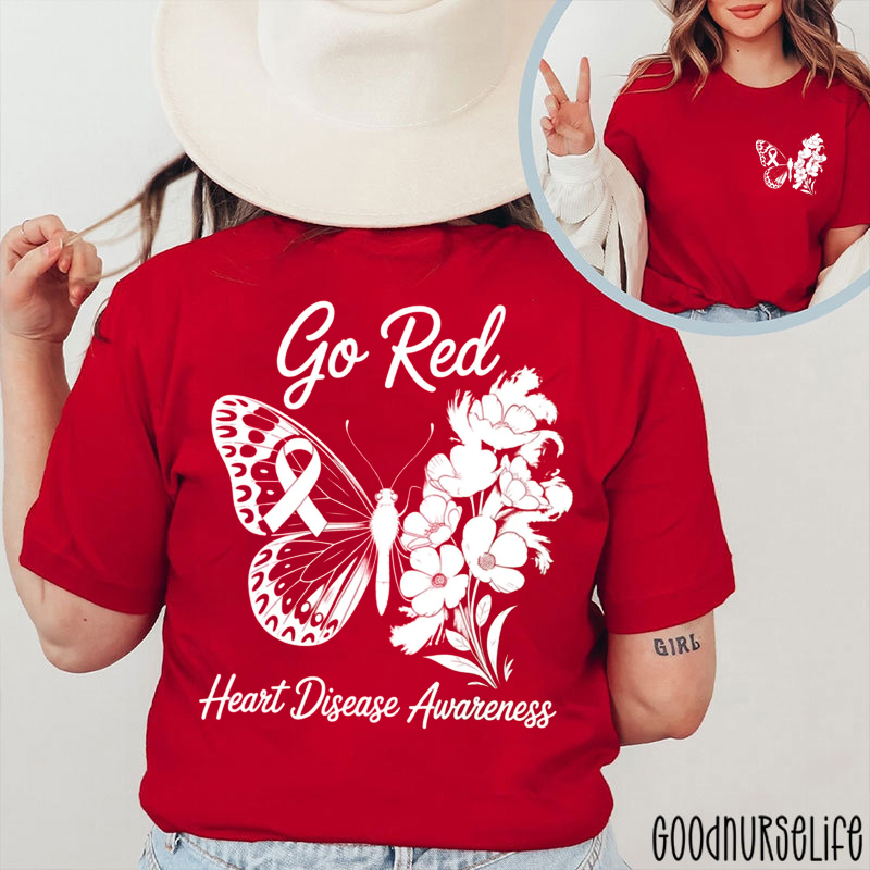 Flower And Butterfly Go Red Two Sided T-Shirt