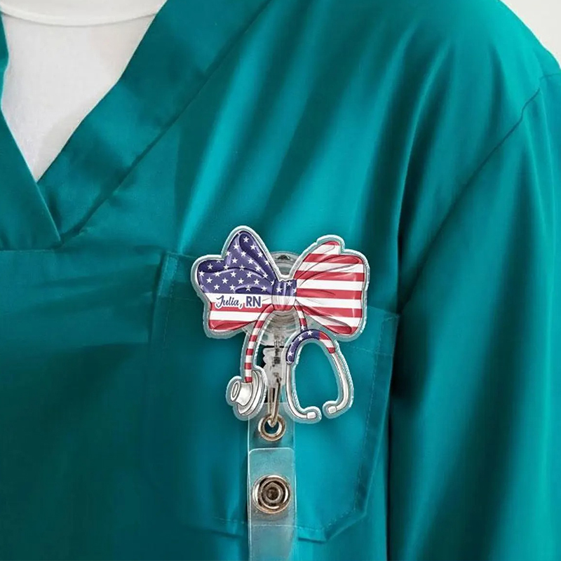 Personalized America Flag Stethoscope Bow Badge Reel