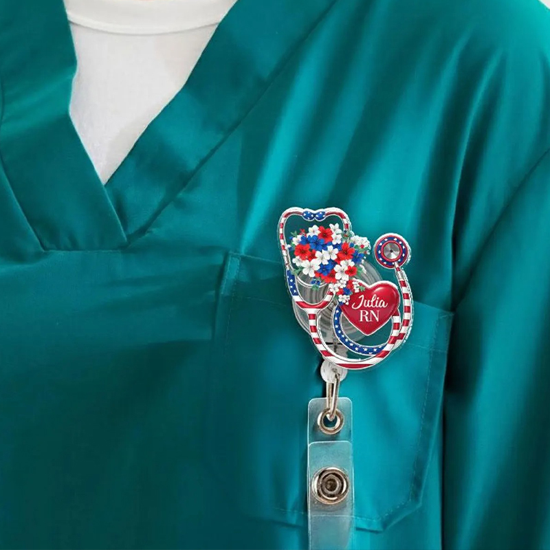 Personalized Stethoscope Flower USA 250 Years Anniversary Badge Reel