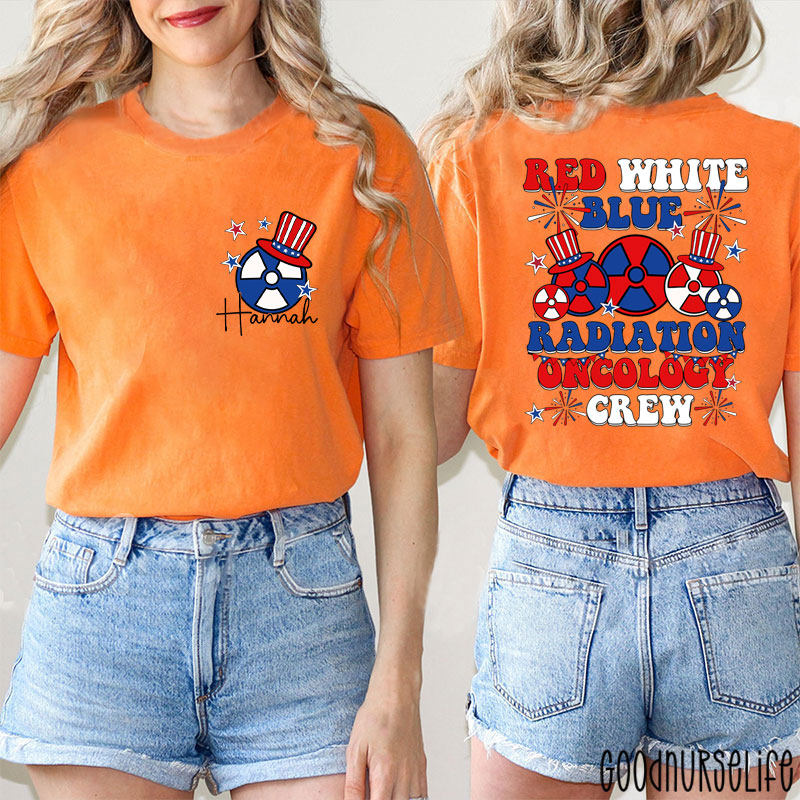 Personalized Red White Blue Radiation Oncology Crew Two Sided T-Shirt