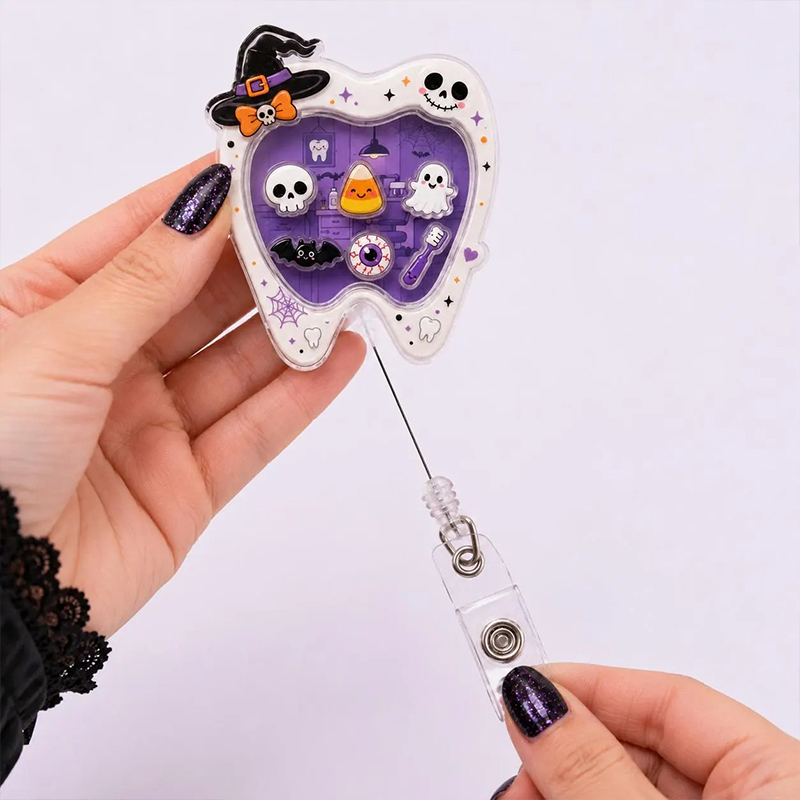 Spooky Dental Halloween Tooth Shaker Badge Reel
