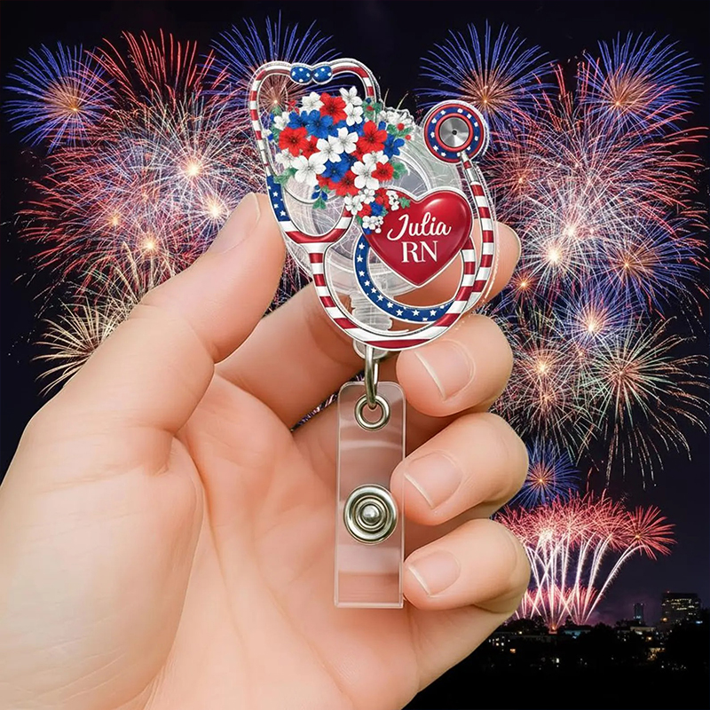 Personalized Stethoscope Flower USA 250 Years Anniversary Badge Reel