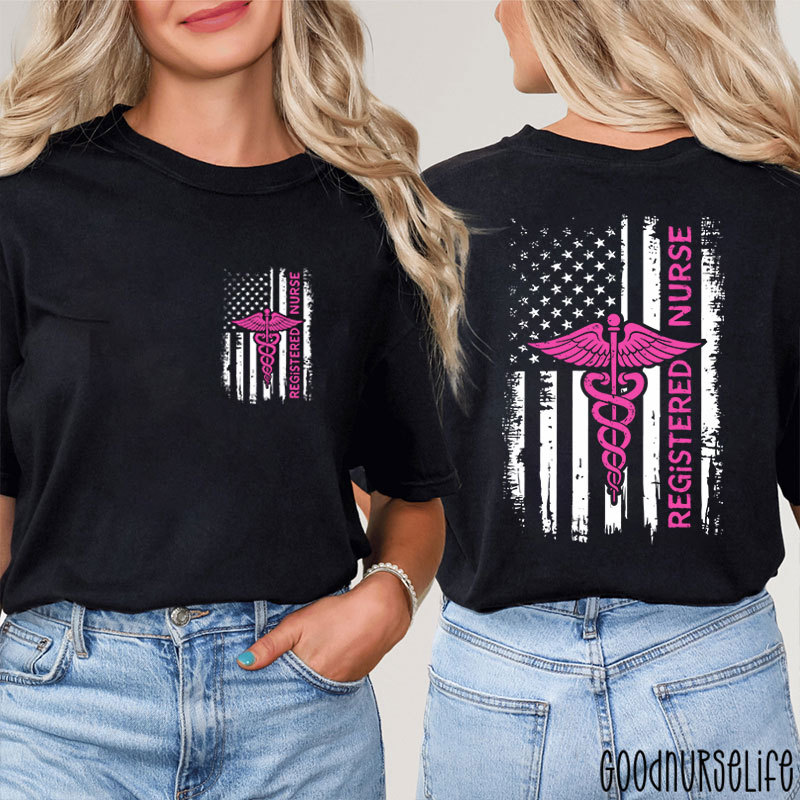 USA Flag Patriotic Registered Nurse American Flag Two Sided T-Shirt