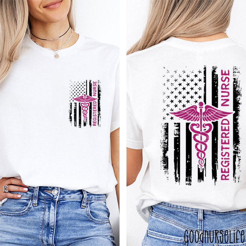 USA Flag Patriotic Registered Nurse American Flag Two Sided T-Shirt