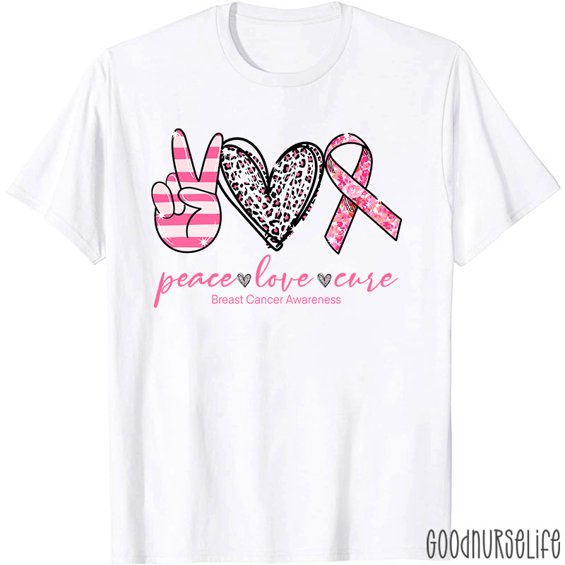 Heart Shape Peace Love Cure Breast Cancer Awareness T-Shirt